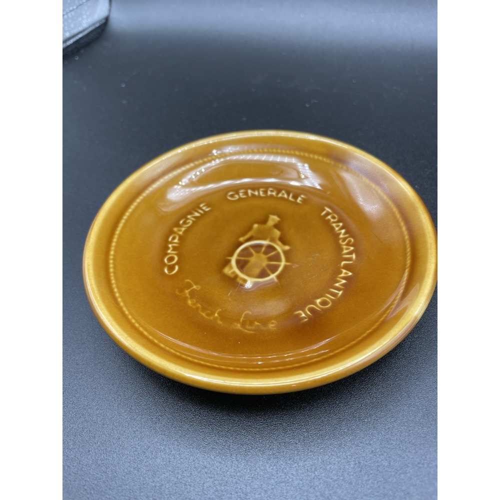 Vintage French Line CGT Amber Glass Ashtray Transatlantique Dish